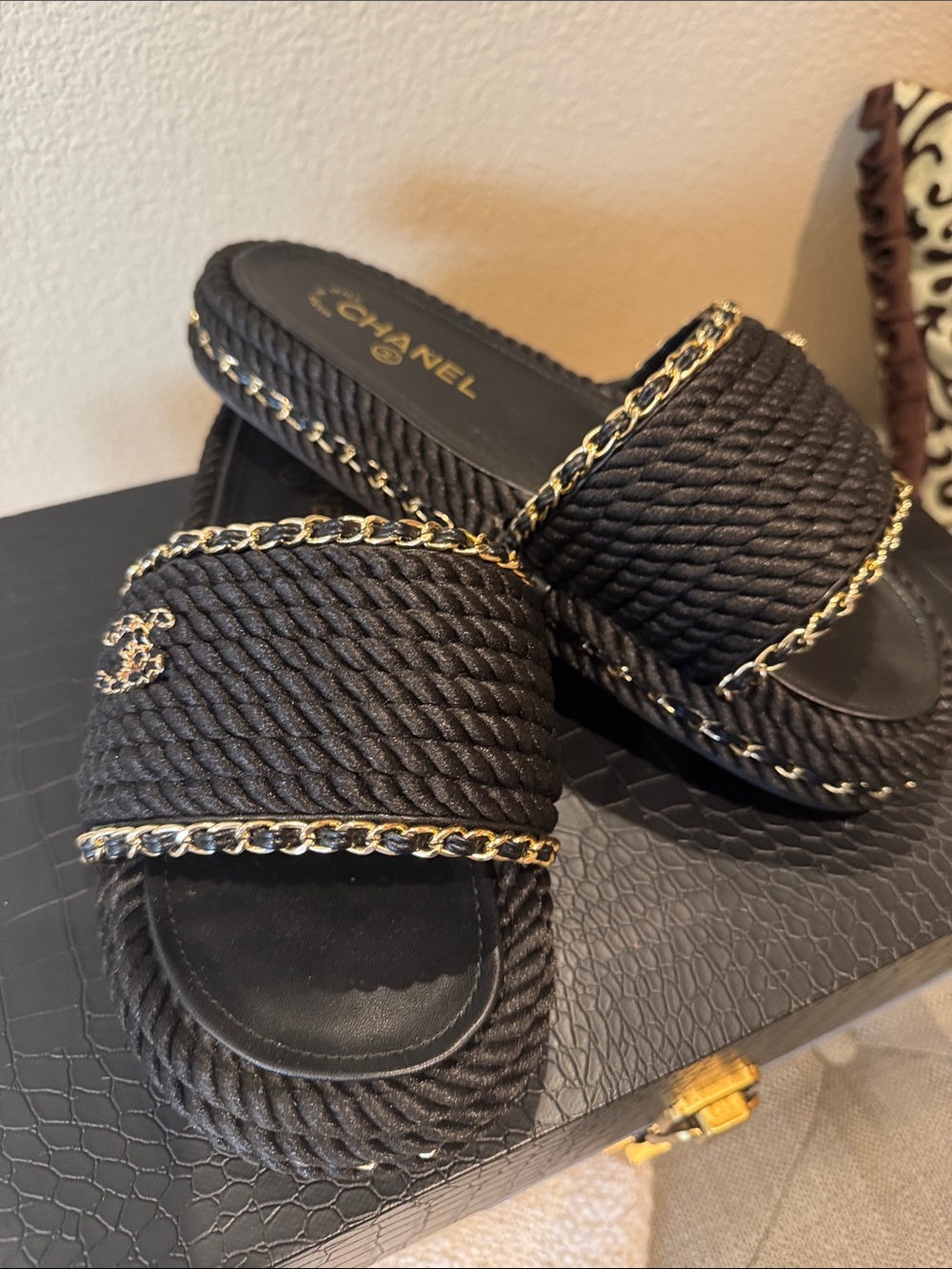 CHANEL Black Rope Slide Sandals with Gold Chain Trim